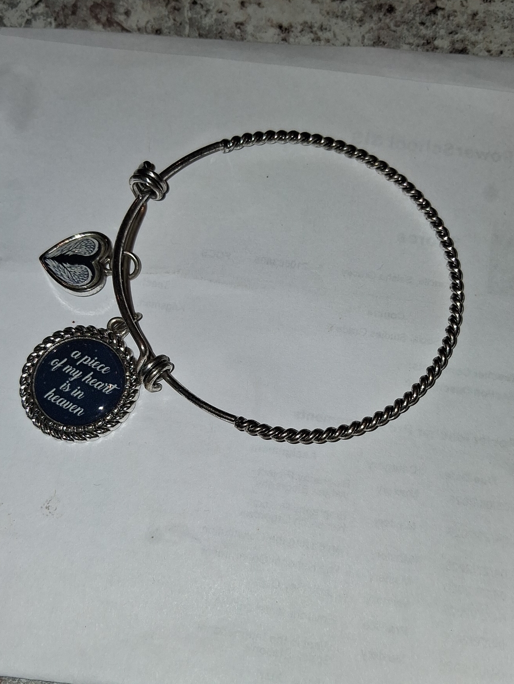 Silver Tone Memorial Heart Charm Bangle Bracelet - Blue Charm